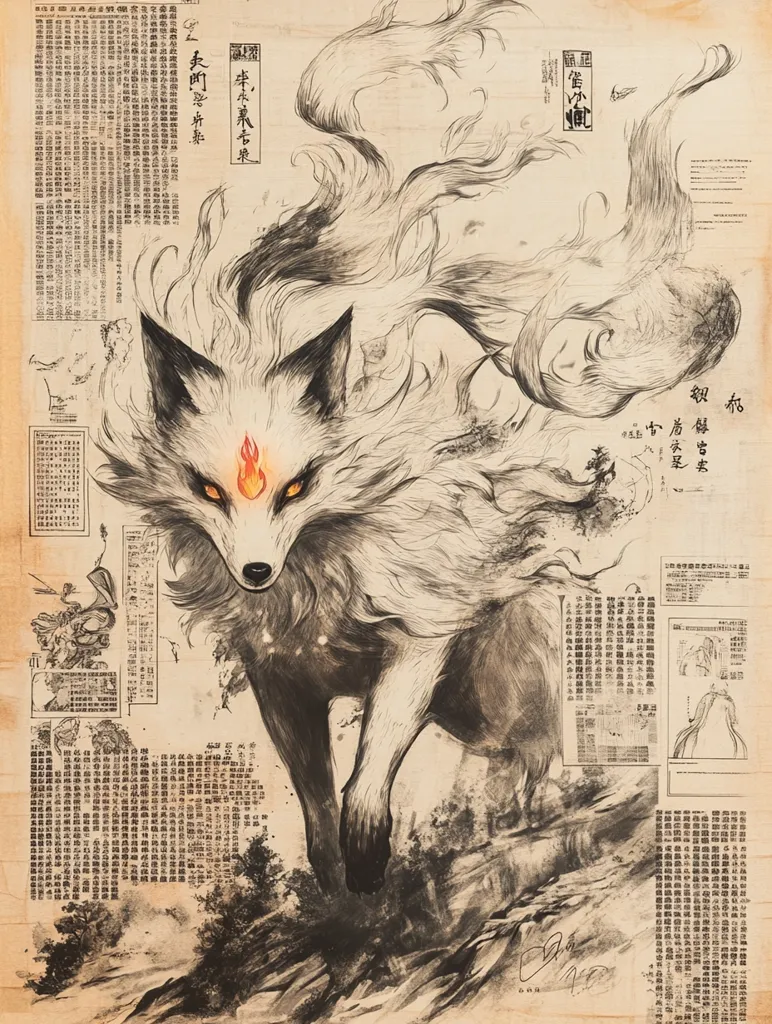 A detailed ink drawing of a nine-tailed fox with a single flame on its forehead, surrounded by flowing tails, on a textured paper background. The fox is drawn in a dynamic pose, seemingly running or leaping forward. The background is filled with text, likely in Japanese, but the content is unknown. The image has a sense of movement and power.  A signature in ink is at the bottom right corner.