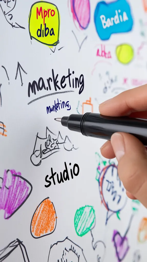 A hand is holding a black marker pen over a white board. The board is covered in colorful doodles, including the words "ma.rketing" and "studio." The hand is about to write "marketing" beneath the word "ma.rketing" which is already on the board. The image suggests a brainstorming session or a creative planning process.