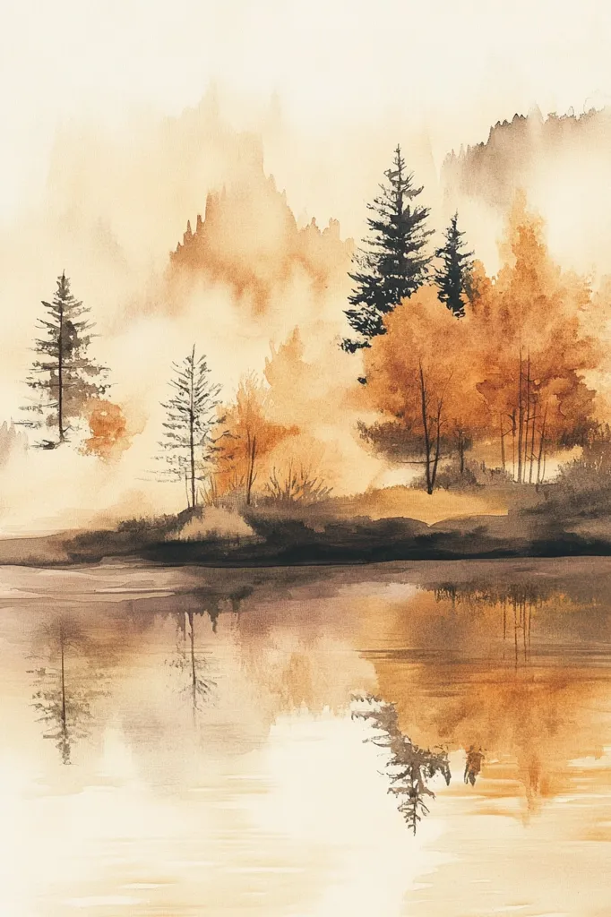 A watercolor painting of a tranquil forest scene. The landscape is dominated by a still lake, reflecting the trees and sky above. The trees are silhouetted against a hazy, brown sky, creating a sense of depth and mystery. The soft brushstrokes and muted colors evoke a peaceful and serene atmosphere.  The painting is a beautiful and evocative depiction of the beauty of nature.