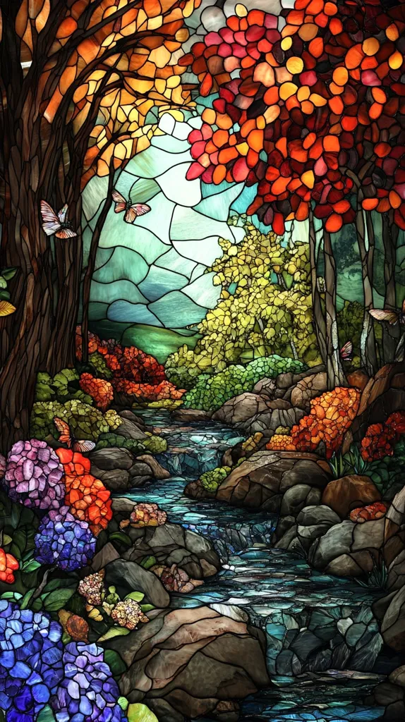 This stained glass artwork depicts a serene woodland scene. A winding stream flows through a lush forest, its waters sparkling in the sunlight. Tall trees stand on either side, their leaves ablaze with autumnal colors of red, orange, and yellow. In the foreground, vibrant purple hydrangeas bloom alongside the stream, adding a touch of serenity to the scene. The intricate details of the glasswork create a stunning visual effect, capturing the beauty of nature in a timeless and artistic form.