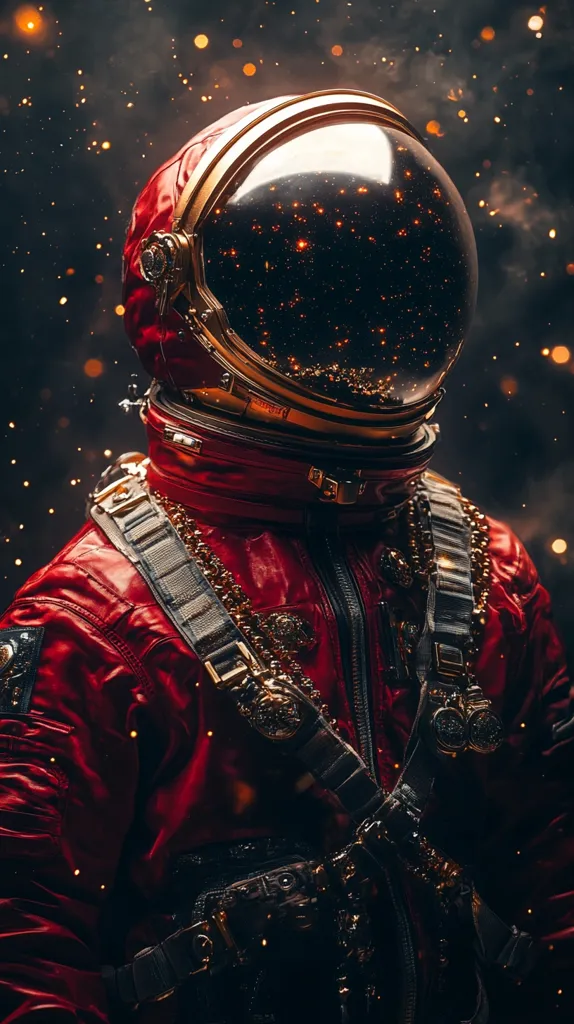 An astronaut wearing a red spacesuit with gold detailing stands against a dark, smoky background. Their helmet is reflecting the stars, with a hazy, distant glow.  The astronaut’s gear is adorned with gold chains and buckles, creating a futuristic and stylish aesthetic.  The image evokes a sense of exploration and adventure.