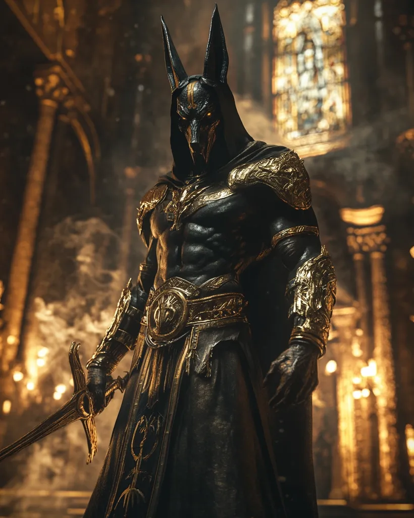 A muscular figure wearing a black and gold suit with a jackal head stands inside an ornate building. The figure is holding a sword in one hand and staring intently at something out of frame. The background features a stained glass window, torches, and smoke. The overall atmosphere is dark and menacing.