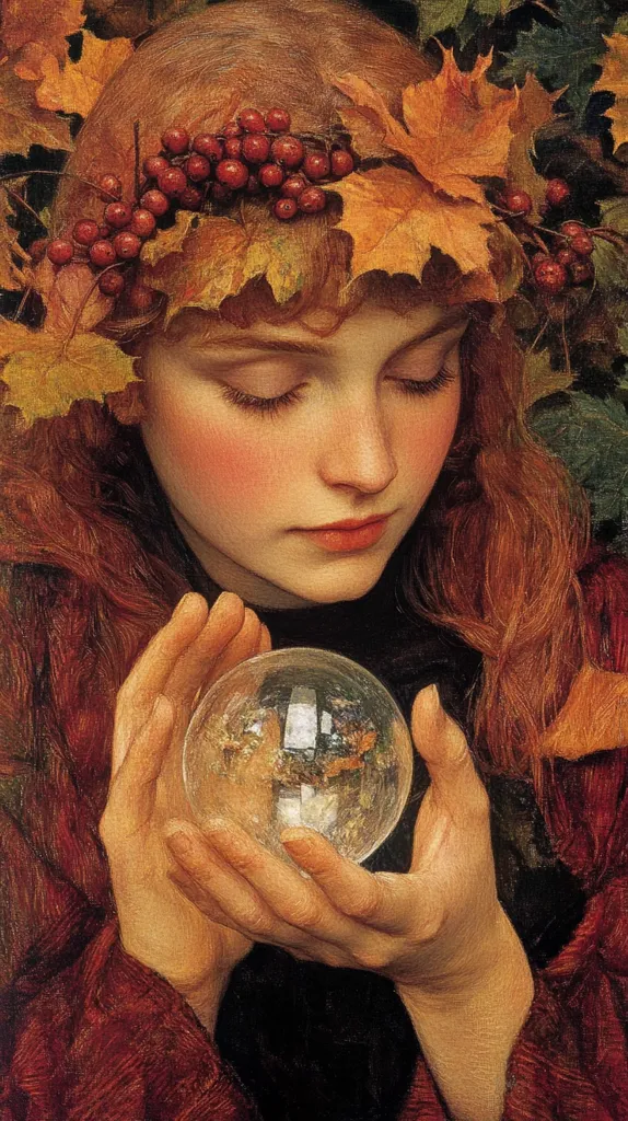 The painting features a woman with long, red hair adorned with a crown of autumn leaves and berries. She gazes down with a soft expression, holding a crystal ball in her hands. The image evokes a sense of mystery, perhaps suggesting the woman's ability to see the future or the unknown. The warm colors and intricate details create a visually captivating scene, hinting at the beauty and power of nature.