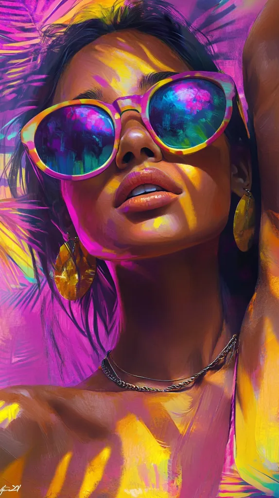 A woman with long dark hair and a tanned complexion wears oversized sunglasses with a rainbow-colored lens. She has a gold chain around her neck and large gold earrings. The background is a blurred purple and yellow, suggesting a tropical or summery scene. The image is painted in a vibrant and colorful style.  The artist's signature appears in the lower left corner.