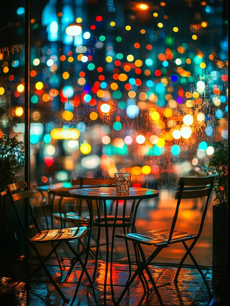 A cozy outdoor cafe table and chairs sit by a window, overlooking a bustling city street. The city lights create a colorful bokeh effect, reflecting off the wet pavement and the glass of water on the table. The scene evokes a sense of warmth and ambiance, inviting viewers to imagine themselves enjoying a drink in the lively atmosphere.