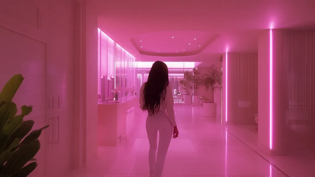 A woman in a white outfit walks down a long hallway bathed in pink light. The walls are white and the floor is glossy. There are tall plants and a sink in the background, and a bright pink neon light shines on the wall on the right. The image has a minimalist and modern aesthetic.
