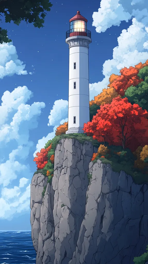 A tall, white lighthouse stands proudly on a rocky cliff overlooking the ocean. The sky is a bright blue with puffy white clouds, and the sun is shining. The lighthouse has a red roof and a lantern at the top, and it is surrounded by a few trees with colorful leaves. The ocean is a deep blue, and the waves are crashing against the rocks below the cliff.