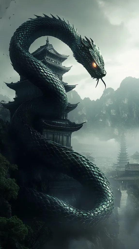 A giant, dark green serpent wraps itself around a traditional Asian pagoda, its glowing yellow eye staring intently. The scene is set in a misty, mountainous landscape, creating an atmosphere of mystery and power. The serpent's coils dominate the foreground, while the pagoda stands tall and defiant against the looming mountains. The image suggests a mythical creature guarding a sacred place.
