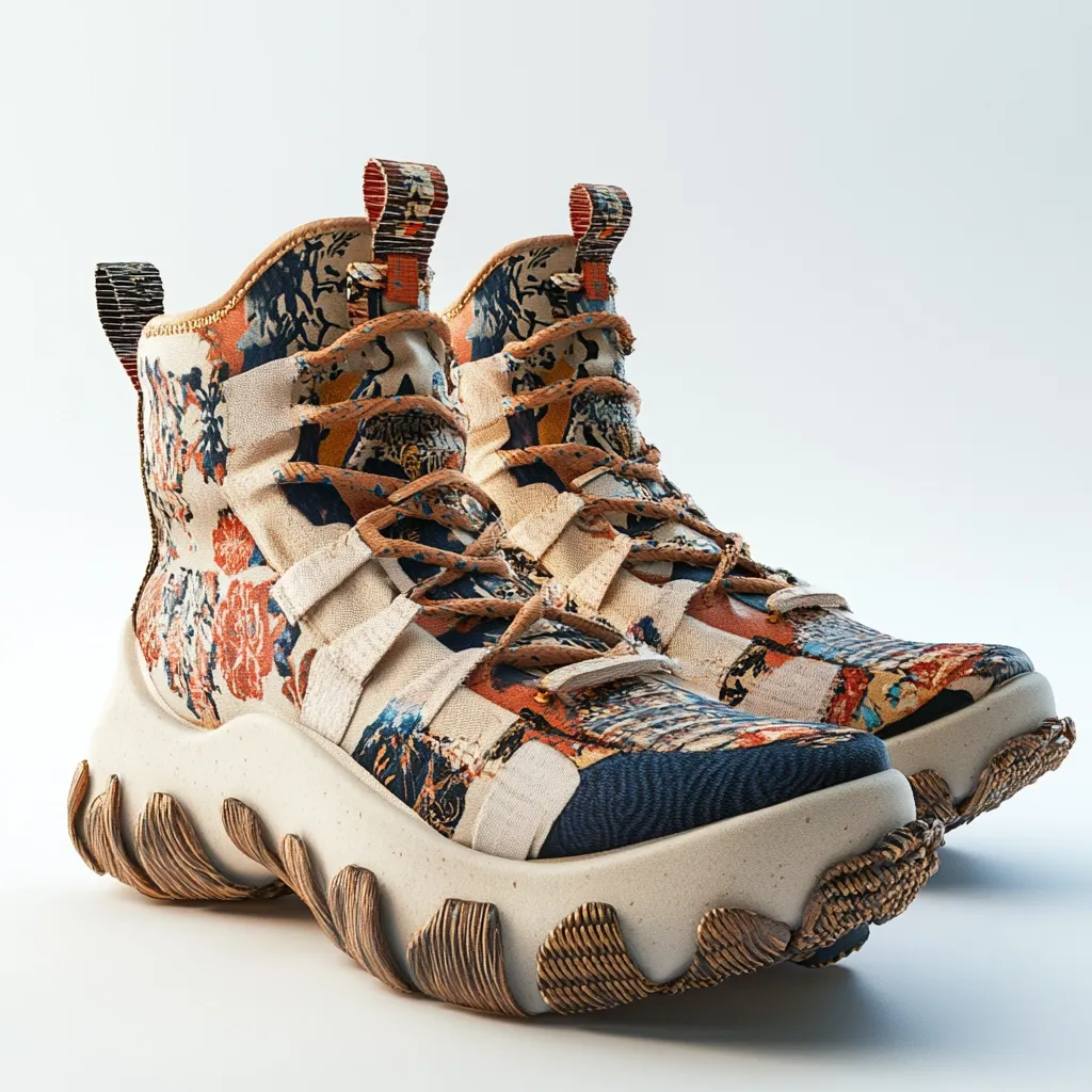 The image shows a pair of high-top sneakers with a unique design. They feature a patterned fabric upper with vibrant colors, including shades of red, orange, blue, and beige. The fabric appears to be a collage of different textures and prints, creating a busy and eye-catching look. The shoes have a chunky, white rubber sole with intricate details that resemble woven fibers, giving them a rugged and textured appearance. The laces are thick and brown, adding a touch of rustic charm. The sneakers are positioned on a white background, highlighting their distinctive style.