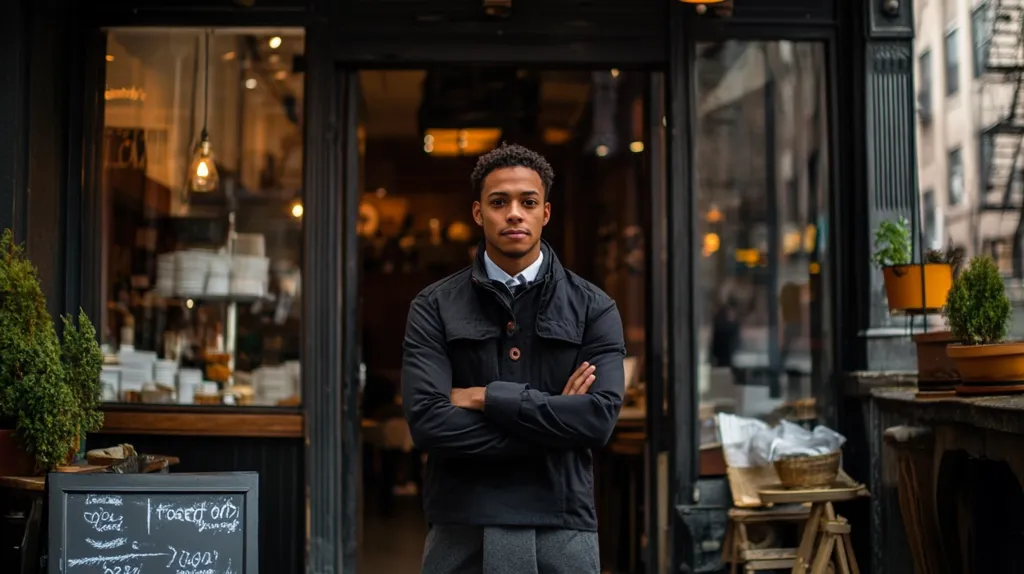 A young man in a black jacket stands with his arms crossed in front of a storefront. The storefront is a restaurant with large windows displaying shelves of dishes. The man is looking directly at the camera with a serious expression. In the background, there are potted plants and a wooden stool. The storefront has a black sign with white chalk writing.