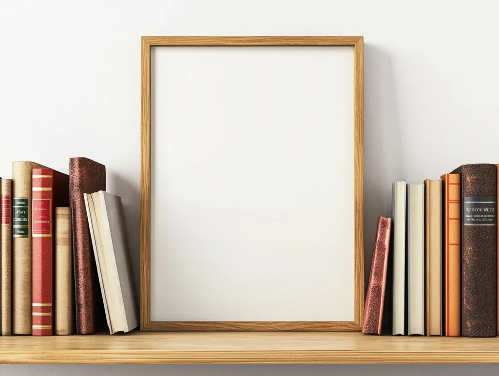 A large, unframed canvas leans against a wall, adorned with a simple wooden frame. It sits atop a wooden shelf alongside two rows of books, all in various shades of brown, red, and orange. The books are arranged symmetrically, with a sense of balance and order. The image evokes a feeling of quiet contemplation and a love for reading.