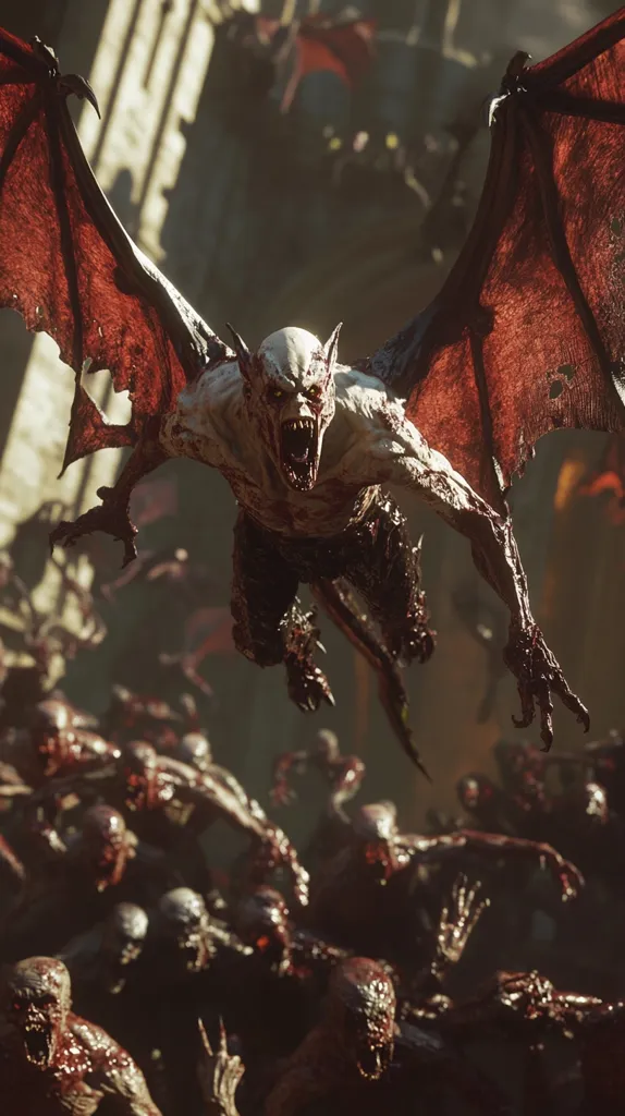 A monstrous, winged creature with glowing red eyes and a gaping maw flies above a horde of grotesque, blood-soaked creatures. The creature's wings are tattered and bloody, and its body is covered in scars and wounds. The scene is chaotic and violent, suggesting a battle or a gruesome apocalypse. The creatures below, with their exposed bone and decaying flesh, seem to be both repulsed and drawn to the creature above.  The image evokes a sense of dread and fear, highlighting the brutality and darkness of the situation.