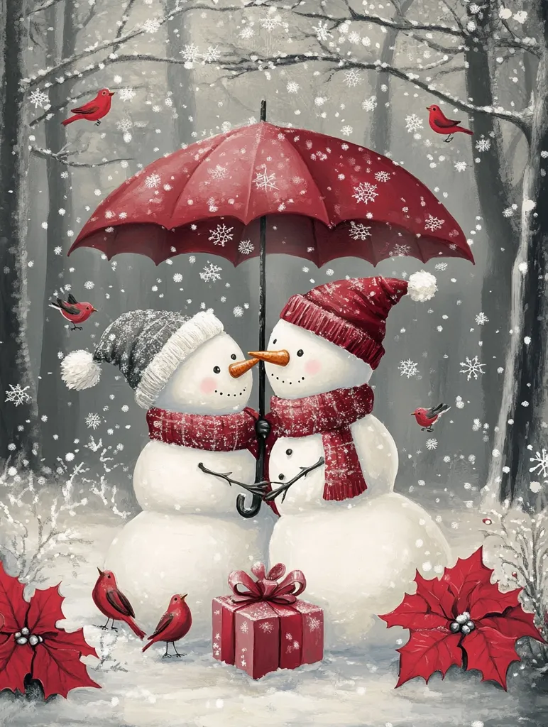 Two snowmen, standing close together under a red umbrella, are surrounded by a snowy forest. Red cardinals fly through the air, snowflakes fall from the sky, and a red poinsettia blooms in the foreground. A red gift box sits at their feet. The scene is warm and inviting, evoking the spirit of the holiday season.