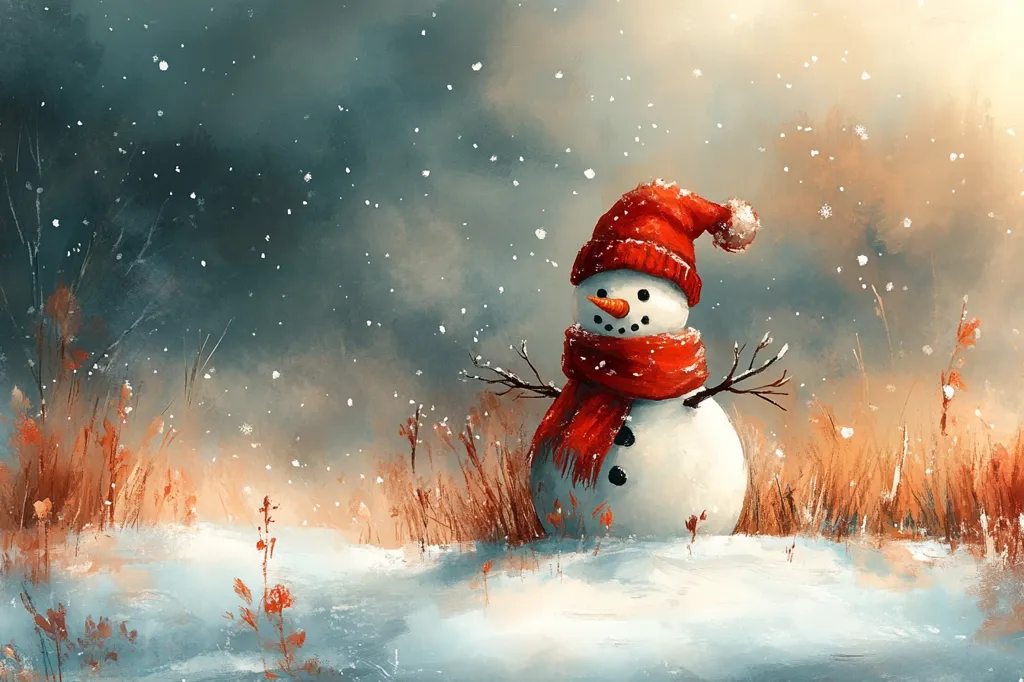 A snowman stands in a snowy field, wearing a red hat and scarf.  Snowflakes fall around him, and the ground is covered in a soft blanket of white.  The background is a muted blue, with hints of orange and brown, suggesting the presence of trees or brush.  The overall image evokes a sense of winter peace and serenity.