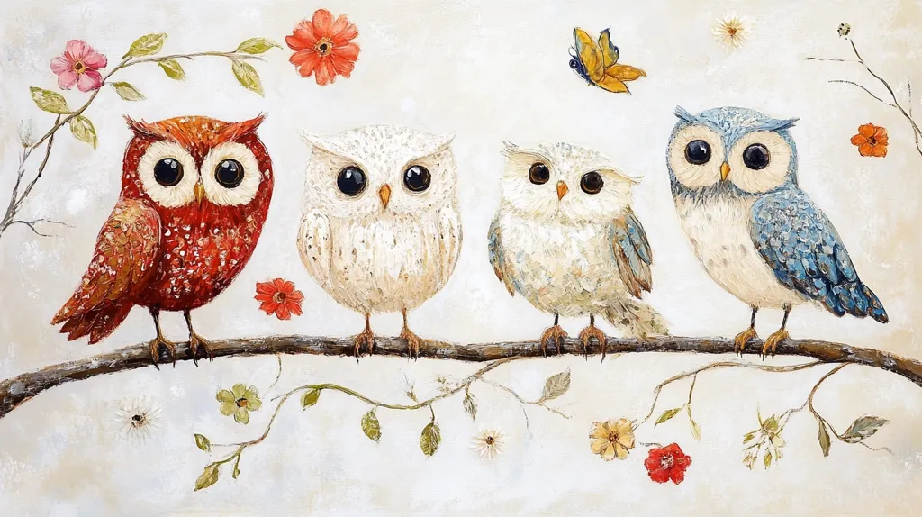 Four owls are perched on a branch with delicate flowers and leaves surrounding them. One owl is a vibrant red, another is a crisp white, one is a light blue, and the fourth is a mix of light blue and white.  A butterfly flutters above them, adding to the whimsical scene. The artwork is painted in a style that emphasizes texture and detail, creating a sense of realism.
