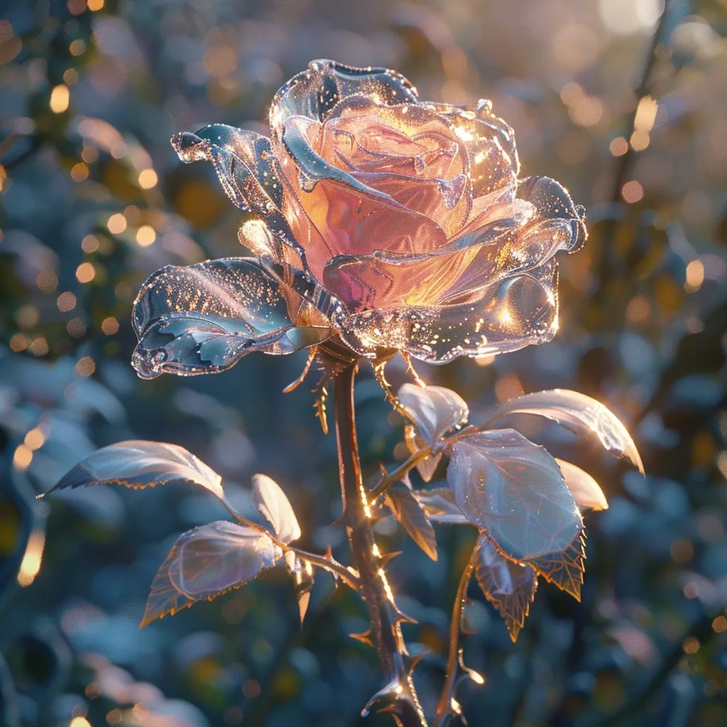 A delicate rose, rendered in a shimmering, glass-like texture, stands out against a background of blurred foliage. Sunlight catches the rose, illuminating its intricate details and casting a warm glow. The rose's petals are translucent, revealing a hint of pink within. The image captures a sense of ethereal beauty and fragile wonder.