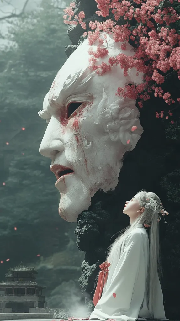A woman in a white robe and a red sash stands before a large, white, stone face partially covered by pink flowers. The woman is looking up at the face, her eyes closed. The face has a sad expression, with blood-like streaks running down its cheeks. The background is a misty, green forest with a small building in the distance.  The image conveys a sense of mystery and wonder.