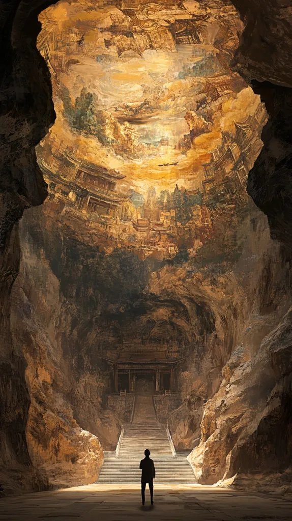 A lone figure stands at the base of a long staircase leading up into a cavernous chamber. The chamber's ceiling is painted with a breathtaking scene of a fantastical landscape, complete with buildings, mountains, and swirling clouds. The light from the ceiling illuminates the cave, casting long shadows on the rough stone walls. The image evokes a sense of wonder and mystery, as if the figure is about to embark on a journey to an unknown world.