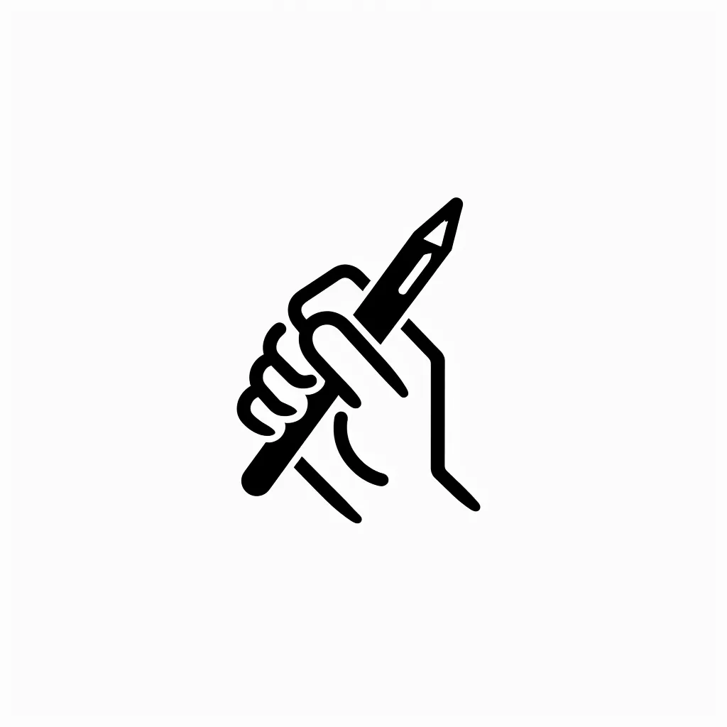 The image is a black and white illustration of a hand holding a pencil. The hand is drawn in a simple, stylized way, with the fingers curled around the pencil. The pencil is pointing upwards, as if the hand is about to write or draw. The image is simple but effective, and conveys a sense of creativity and productivity.