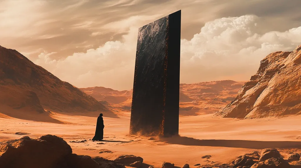 A lone figure in a long robe stands in a desolate, red desert, gazing up at a towering, black monolith that rises from the sand. The sky is a pale orange, with fluffy white clouds floating above the rugged, red landscape. The scene evokes a sense of mystery and intrigue, suggesting the possibility of ancient alien artifacts and secrets.