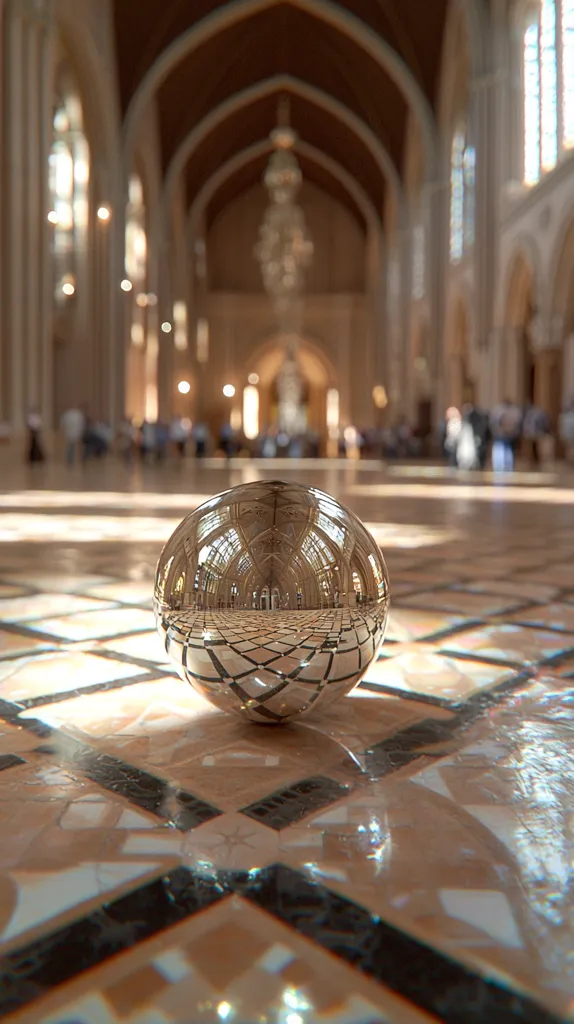 A shiny, silver sphere sits on a checkered floor inside a large, vaulted hall. The sphere reflects the hall's interior, including a chandelier hanging from the ceiling and the tiled floor. The hall is empty except for a few blurry figures in the distance. Sunlight streams through the windows, illuminating the space.  The scene creates a sense of grandeur and stillness.