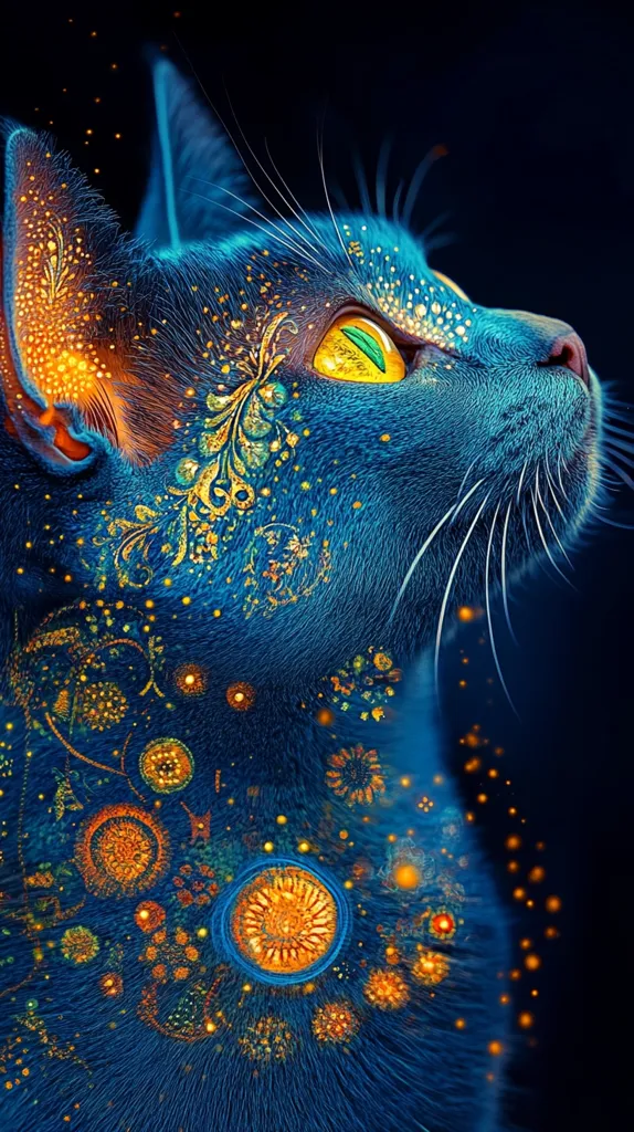 A close-up of a cat's head,  illuminated in a swirling, psychedelic pattern of gold and blue, with a bright yellow eye that seems to glow.  The cat's fur is detailed with elaborate floral designs and shimmering orbs, making the image appear almost otherworldly.  The cat's whiskeres stand out starkly against the vibrant background.