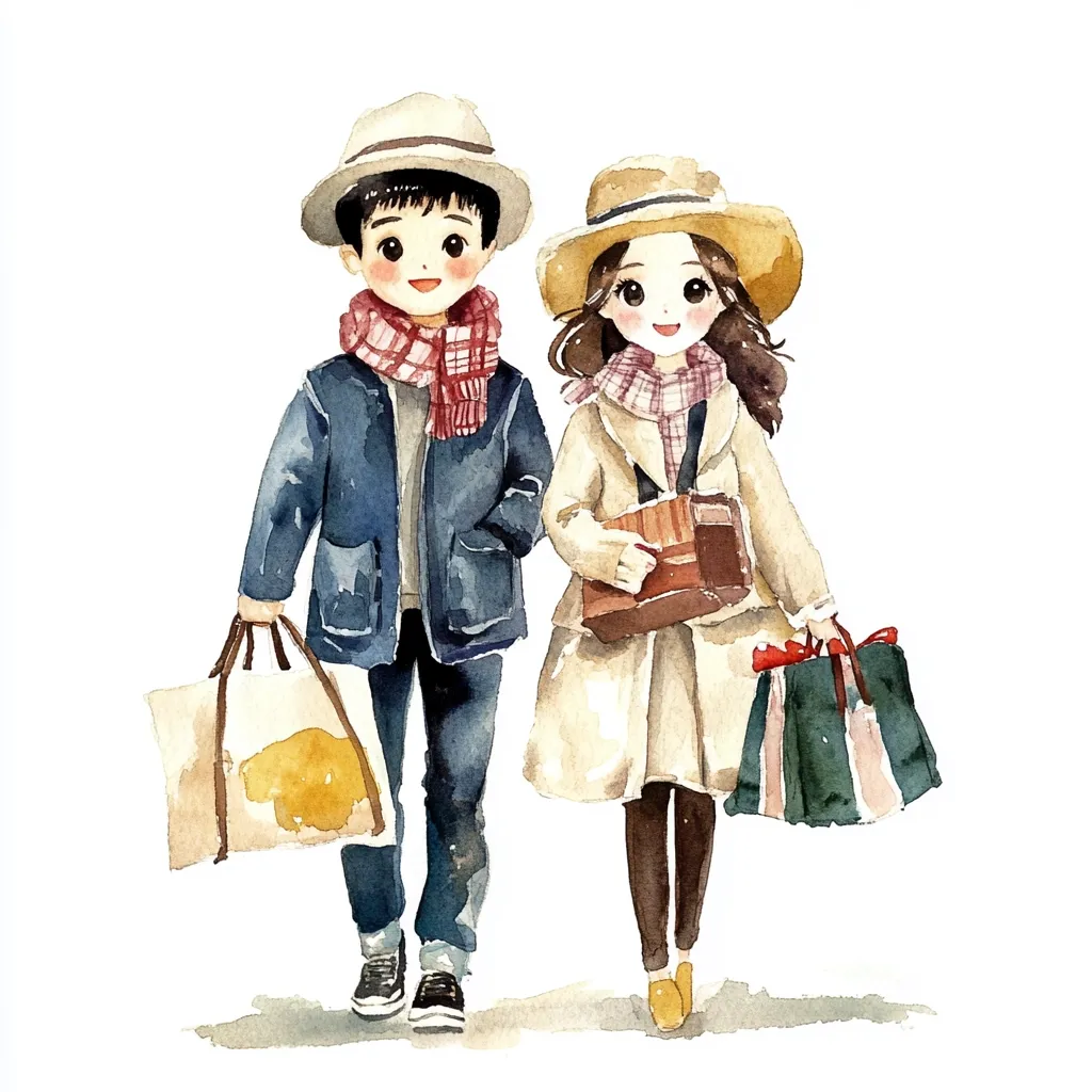 The image is a watercolor painting of a young couple walking together. The man is wearing a blue jacket, jeans, and a red and white scarf. He is carrying a large shopping bag. The woman is wearing a beige coat, brown leggings, and a red and white scarf. She is carrying a smaller shopping bag. They are both wearing straw hats. The painting is done in a soft and whimsical style.