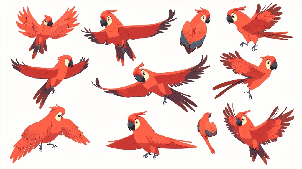 The image contains ten cartoon illustrations of red parrots in various poses, with different wing positions, facing different directions, and in various states of flight. The parrots have black eyes, and some have black accents on their wings and tails. The background is white.