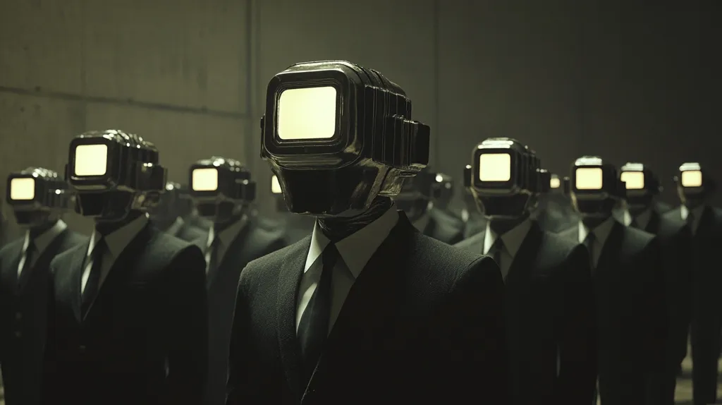 A line of humanoid figures with television screens for heads stand in a dimly lit room. They are all wearing black suits and ties, and their screens are glowing. The image is a dark and unsettling depiction of conformity and the potential dangers of technology.