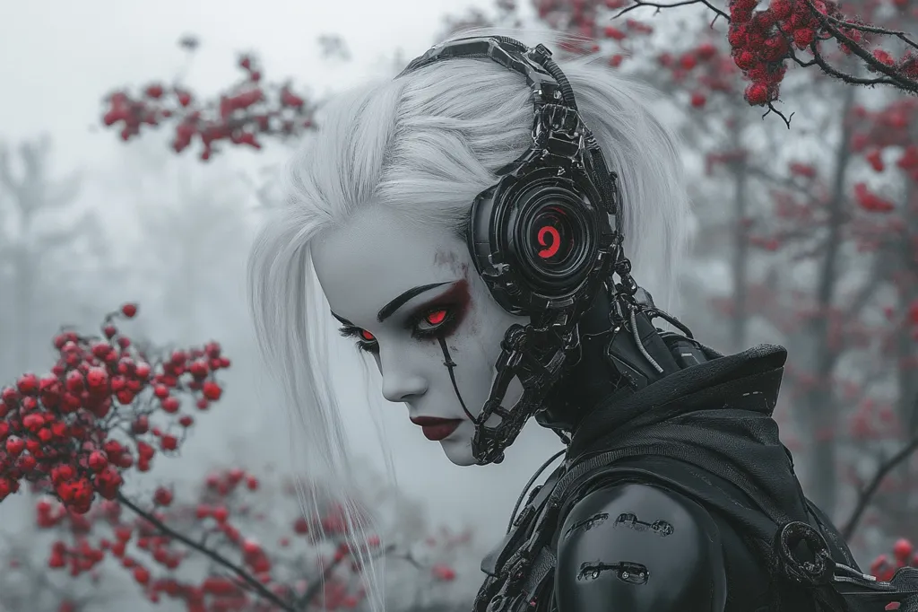 A woman with long white hair and red eyes stares intensely at the viewer. Her face is partially covered by a dark, intricate, mechanical helmet. She's wearing black clothing, and the background is a blurry image of a snowy forest with red berries on the branches. The image has a dark and futuristic feel.