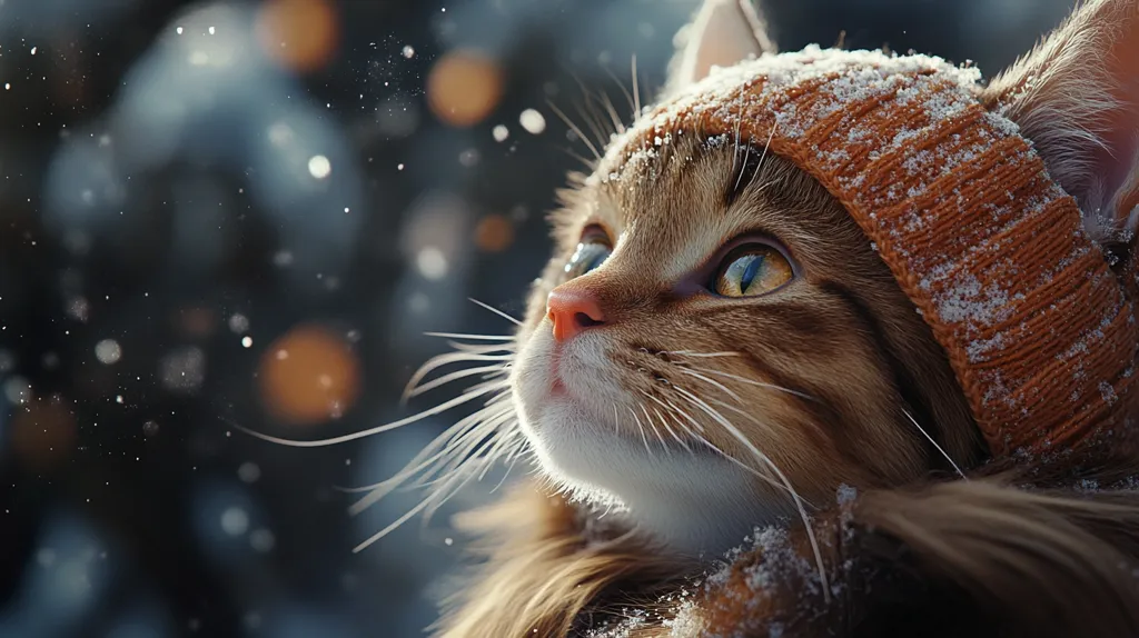 A close-up shot of a cat wearing a brown knitted hat, looking up with its big yellow eyes. The cat's fur is covered in snow, and there are snowflakes falling around it. The background is blurred, with out-of-focus lights and a dark blue hue. The image conveys a sense of warmth and coziness in the winter.