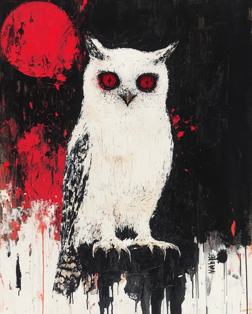 The image is a painting of a white owl with red eyes, perched on a branch against a background of a red and black abstract design. The owl's white feathers are contrasted by its piercing red eyes, which create a sense of intensity and mystery. The abstract background adds a sense of chaos and movement, further emphasizing the owl's presence. The painting has a dark and eerie feel, suggesting a sense of the unknown or the supernatural.  The artist's signature is visible in the bottom right corner.