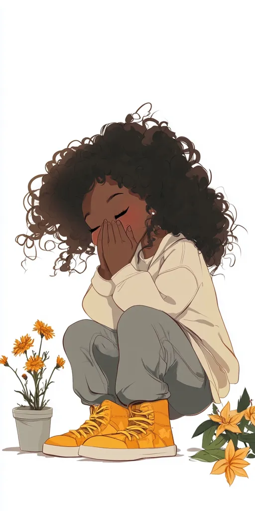 A young Black woman with curly hair is sitting on the floor with her arms crossed, covering her face. She is wearing a white sweater, grey pants, and yellow sneakers. She is sitting near a small yellow flower plant. The background is white.