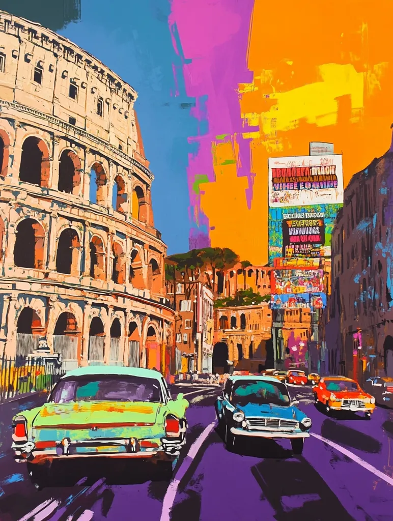 The image is a vibrant, colorful painting of a street in Rome. The Colosseum stands majestically in the background, while a row of vintage cars drive down the street. The colors are bold and saturated, giving the painting a retro feel. The painting is full of energy and movement, capturing the excitement and vibrancy of the city.