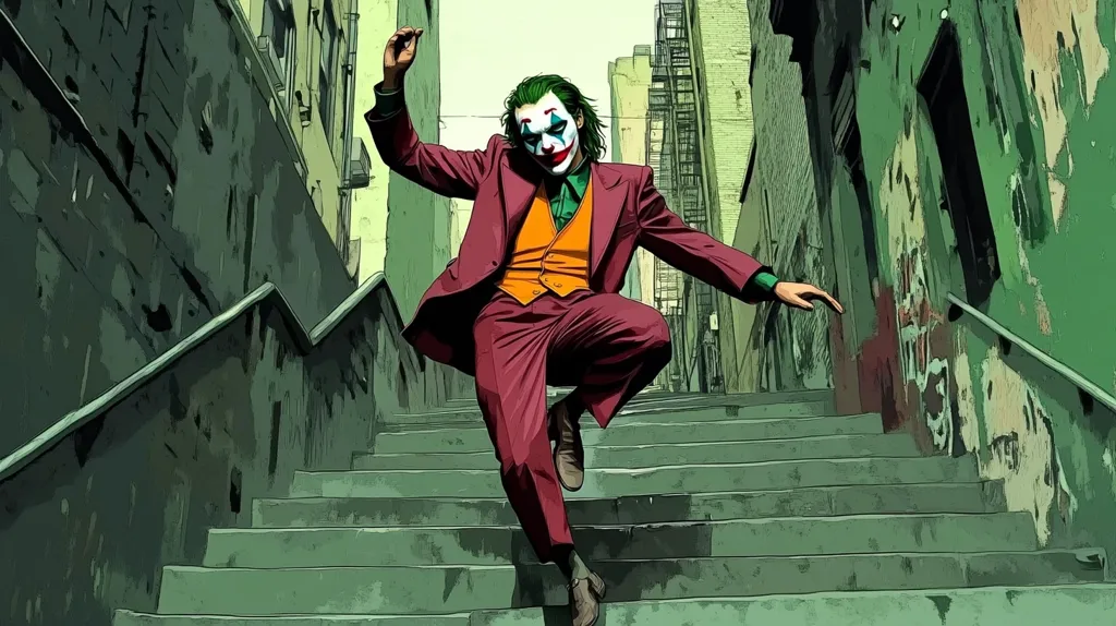 The Joker, dressed in his iconic purple suit and green vest, is shown walking down a set of stairs. He has a manic grin on his face, and his eyes are wide with excitement. The stairs are made of concrete and are surrounded by buildings. The image is drawn in a comic book style, with bold lines and bright colors. The Joker's exaggerated pose and the dramatic setting create a sense of chaos and impending danger.