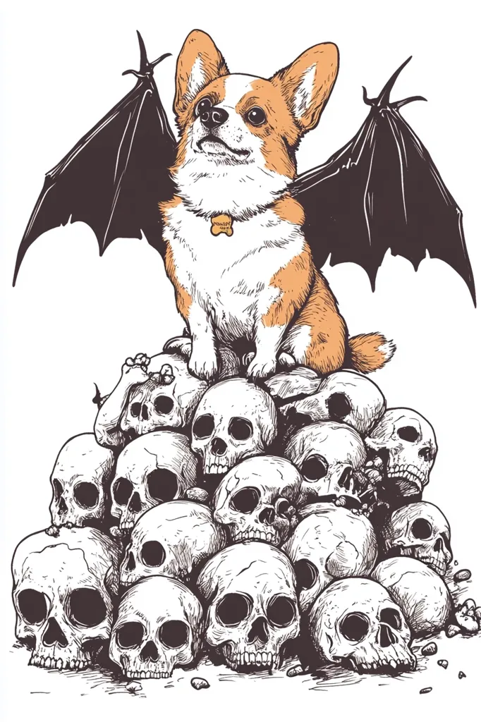 A cartoon corgi with bat wings sits atop a large pile of skulls. The corgi is drawn in a detailed style, with a white body and a brown head and legs. The wings are black and spread out behind the dog. The skulls are all facing forward and are drawn in a simple style. The image is set against a white background.