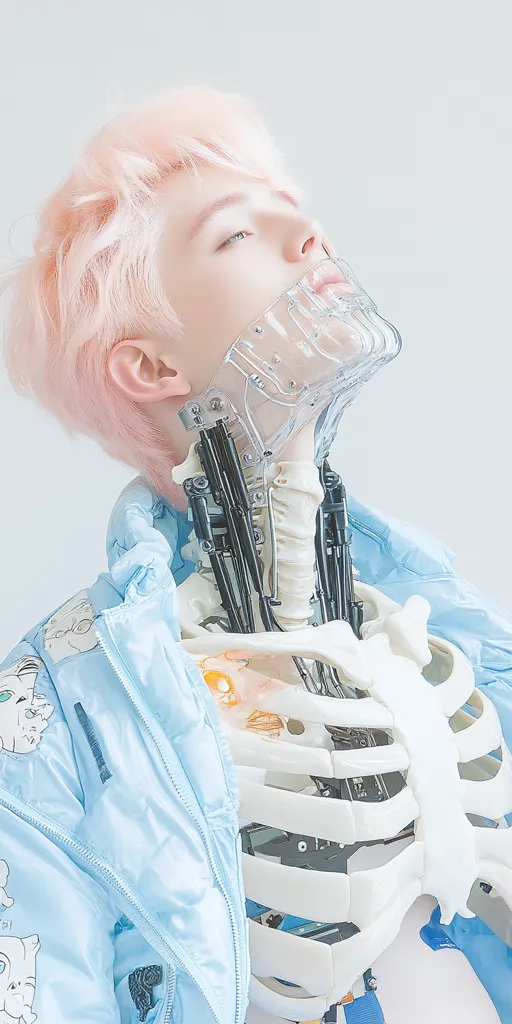 A person with pink hair and a transparent mask covering their lower face, is wearing a light blue jacket and has a visible skeleton structure underneath. The image has a soft, dreamy aesthetic, with a white background.  The person’s eyes are closed, suggesting a state of tranquility or contemplation.