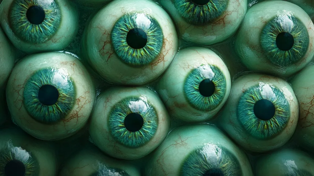 A close-up image of a cluster of eyeballs, each with a bright, green iris and a black pupil. The eyeballs are smooth and wet, with visible blood vessels surrounding them. The overall effect is unsettling and eerie.