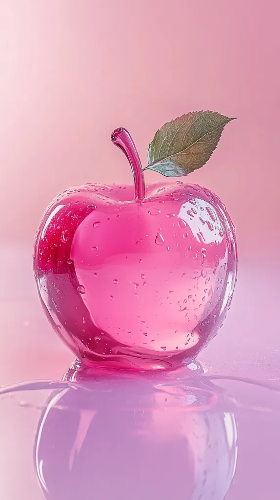A pink, glass apple with a single green leaf sits on a pink surface. The apple reflects on the surface, creating a double image. Water droplets cover the surface of the apple, adding a shimmery texture. The background is a soft pink, creating a simple and elegant composition.