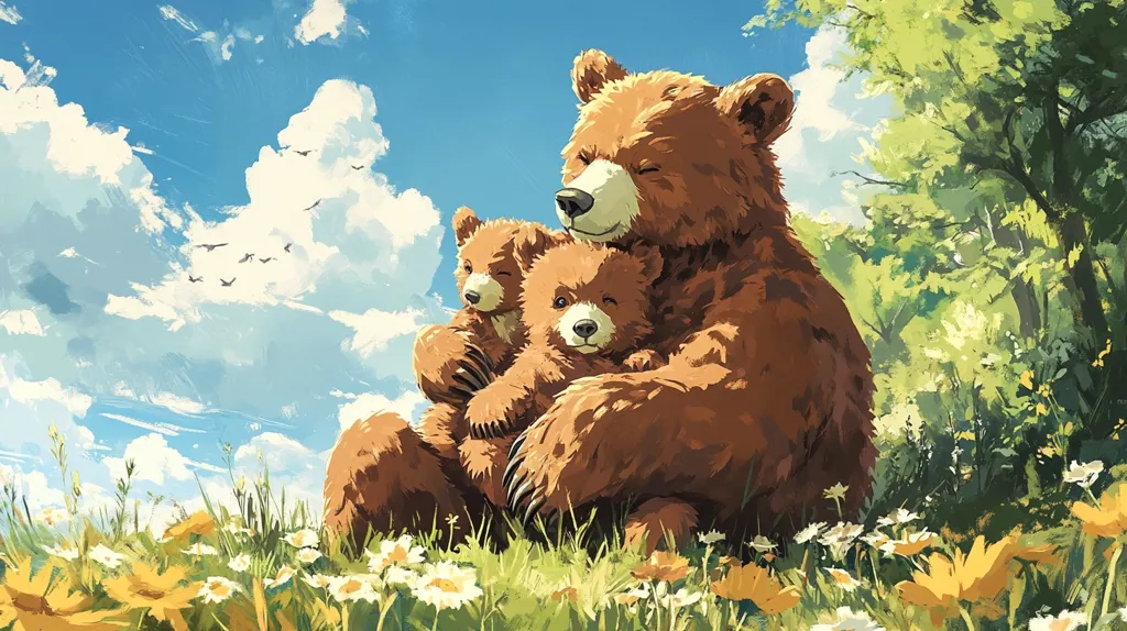 A mother bear and her two cubs are nestled together in a field of flowers. The sky is a bright blue with fluffy white clouds and birds flying overhead. The mother bear is holding her cubs close, and they all look content and happy. The scene is peaceful and serene, and it evokes a sense of love and family.  The image is painted in a style that is both realistic and whimsical.
