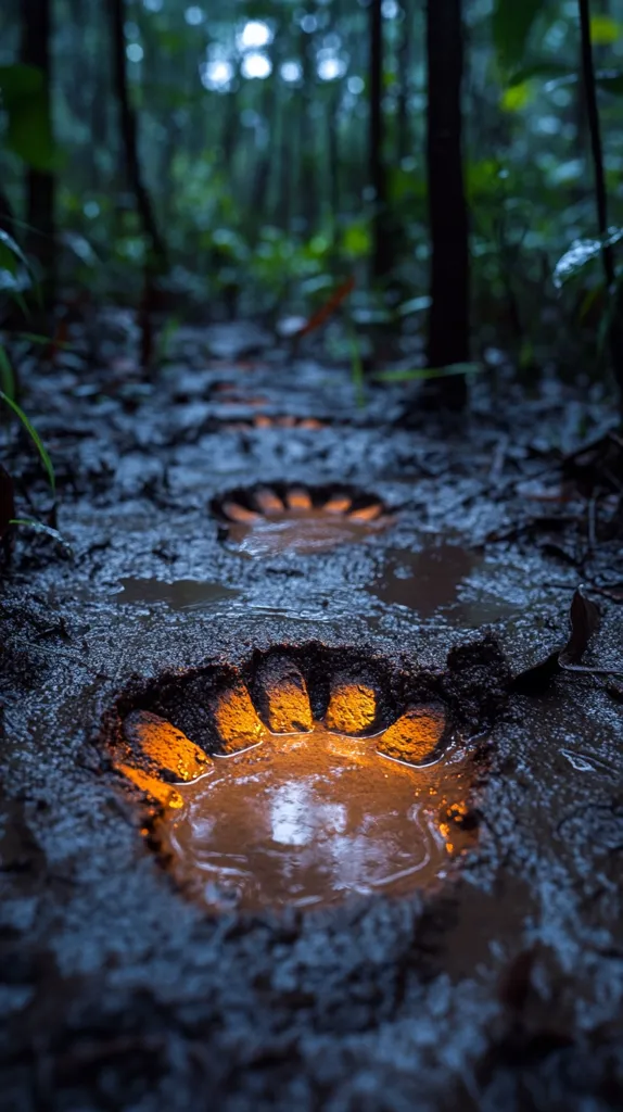 The image shows a series of large, deep footprints in the mud of a forest path.  The footprints are illuminated with an orange glow from an unseen source.  The path leads through a lush, verdant forest with tall trees and foliage.  The image evokes a sense of mystery and wonder.  The footprints suggest the presence of a large creature, possibly a bear or other wild animal.