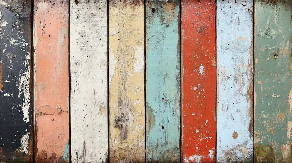 A close-up shot of nine wooden planks, each painted a different color. The paint is peeling and chipped, revealing the wood underneath. The colors are black, peach, white, yellow, blue, red, light blue, and green. The wood has a rustic, weathered look.
