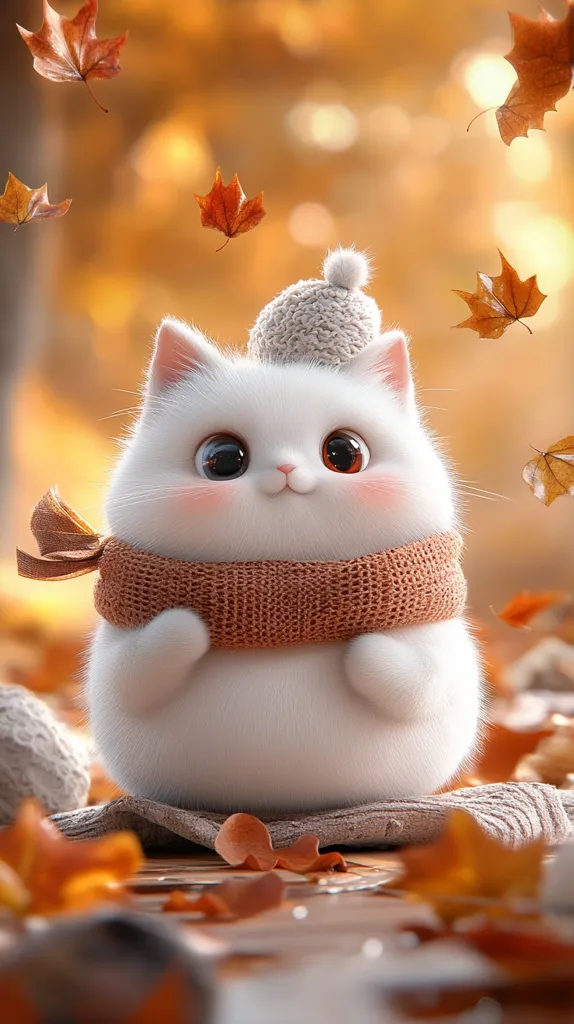 A white fluffy cat with big eyes and a brown knitted scarf sits on a wooden floor surrounded by autumn leaves. The cat is wearing a small white knitted hat with a pompom. The background is blurred and has an orange and yellow hue, creating a warm and cozy atmosphere.  The cat looks adorable and sweet.  The image evokes feelings of warmth, cuteness, and autumnal beauty.