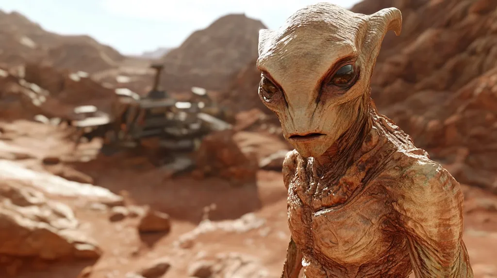 The image shows a close-up of an alien creature with large, almond-shaped eyes. It is standing in a desert-like landscape, with a blurred spacecraft in the background. The alien has a pale, wrinkled skin and a pointed head. The creature appears to be looking directly at the viewer.  The image is likely taken from a science fiction movie or video game.