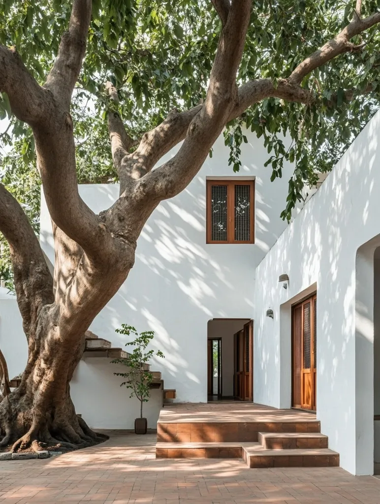 A large tree with thick, twisted branches stands beside a white building with a terracotta-colored stoop. The tree casts dappled shadows on the building's walls, which are accented by wooden window frames and doors. The scene is serene and peaceful, highlighting the natural beauty of the setting.