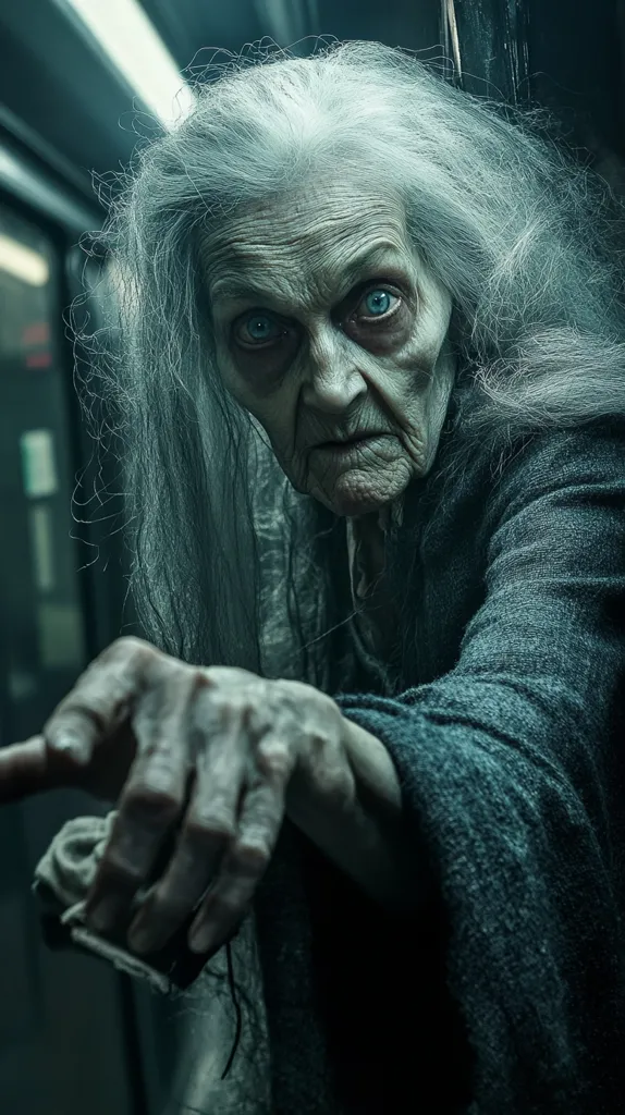 A woman with long, white hair and a weathered face is seen in the image. She appears to be wearing a dark robe and is holding a small object in her hand. Her gaze is intense, and her expression is slightly menacing. The image is dark and mysterious, creating a sense of unease. The background is blurred, focusing attention on the woman.