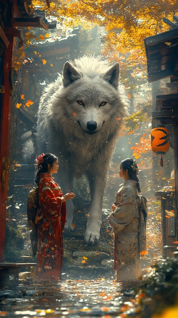 A large white wolf stands between two women in traditional Japanese clothing. The women are standing on a path in a forest setting. The wolf is looking at the woman on the right, who is looking back at it. The woman on the left is looking down at the ground. Fallen leaves and a traditional Japanese lantern are in the background. The image is likely a fantasy or fairytale setting.