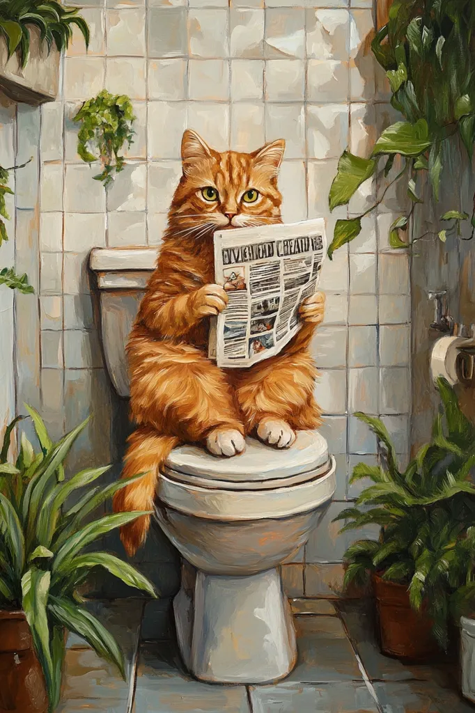 A ginger cat sits on a white toilet, engrossed in reading a newspaper titled "Evening Standard".  It's a humorous scene set in a bathroom with white tiled walls and green plants. The cat's attentive expression and relaxed posture create a whimsical and relatable moment.  The painting captures the everyday absurdity of life with a touch of humor and charm.