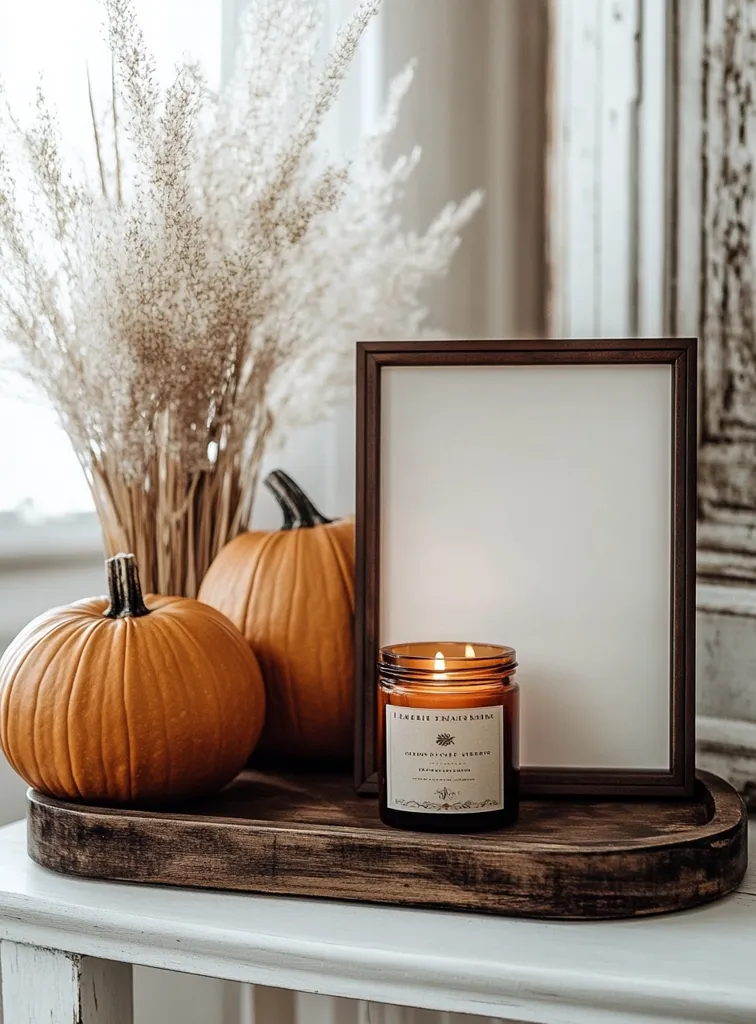 A wooden tray sits on a white table, holding two pumpkins and a lit candle in a glass jar. A framed picture rests behind the candle, with a bouquet of dried pampas grass in the foreground. The scene exudes a cozy, autumnal vibe, with warm lighting and natural elements.