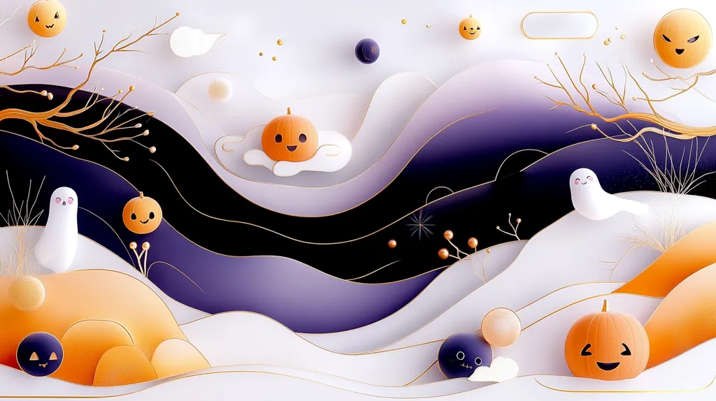 A whimsical Halloween scene with paper cut-out pumpkins, ghosts, and branches on a white, purple, and black background. The pumpkins have friendly faces, and the ghosts have simple smiles. The design is clean and modern.  There is a sense of playfulness and fun, making it perfect for a Halloween celebration.
